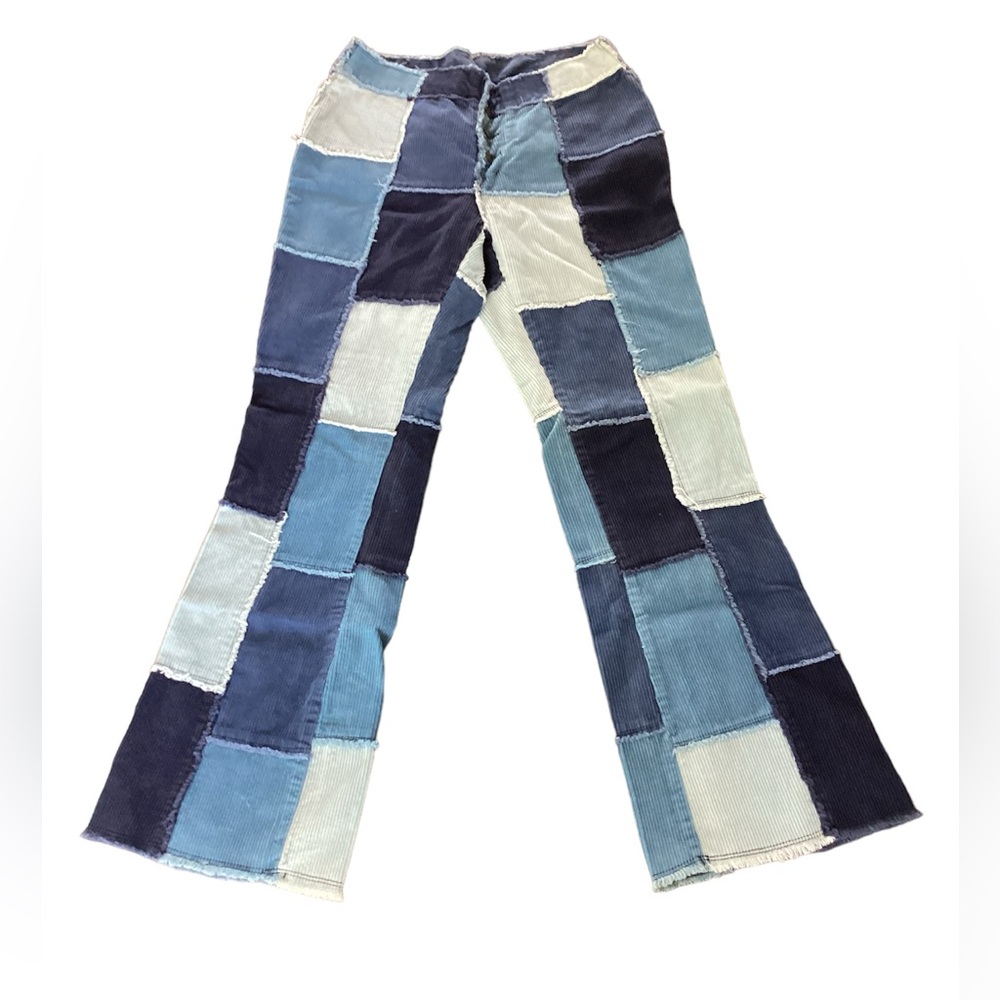 Zana Di Patchwork Blue Corduroy Bell Bottom Pants Vintage Y2K‎ Flare Size 9/10